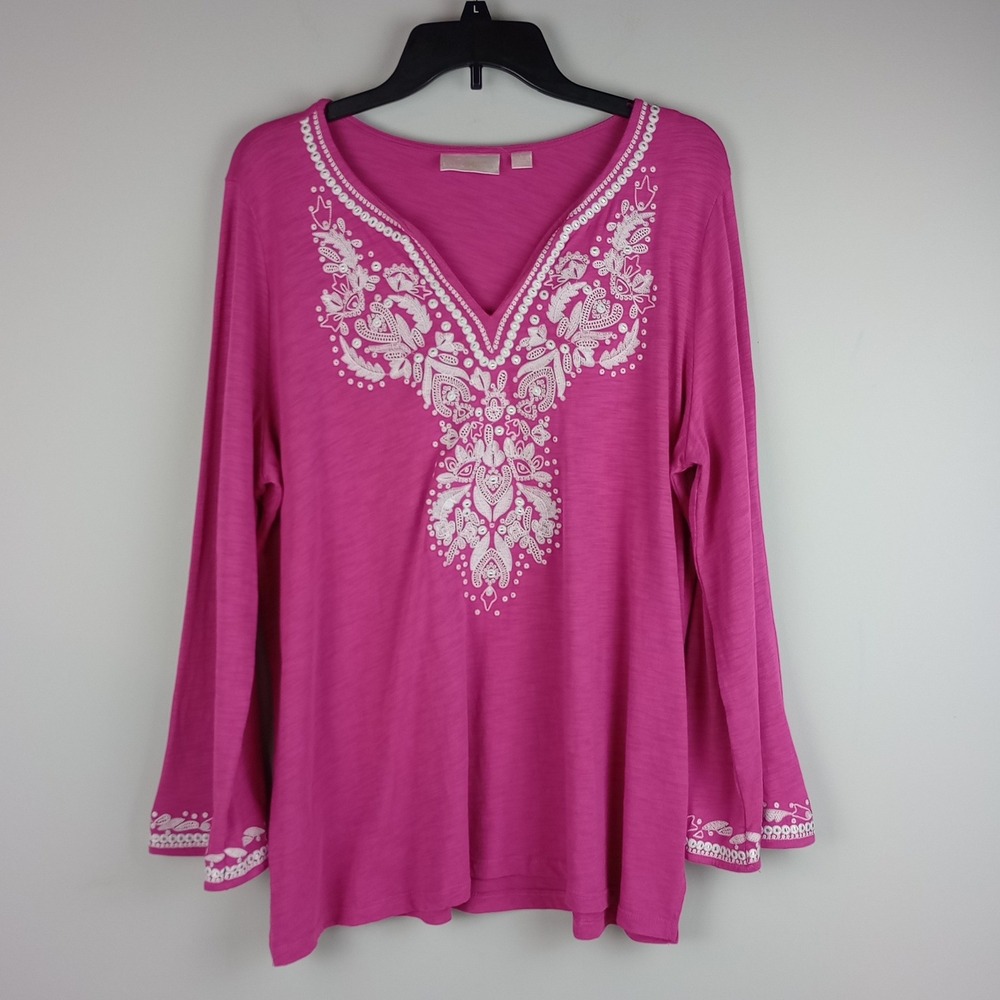 Belle Kim Gravel Women L Pink Embroidered V-Neck Long Sleeve Boho Slub Knit Top